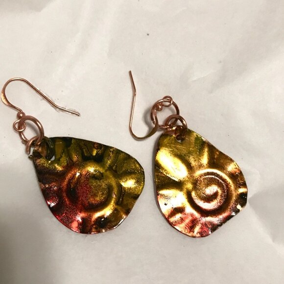 Handmade Colorful Floral Solid Copper Earrings Boho Festival Gift Cute Artsy Dan - Picture 4 of 7
